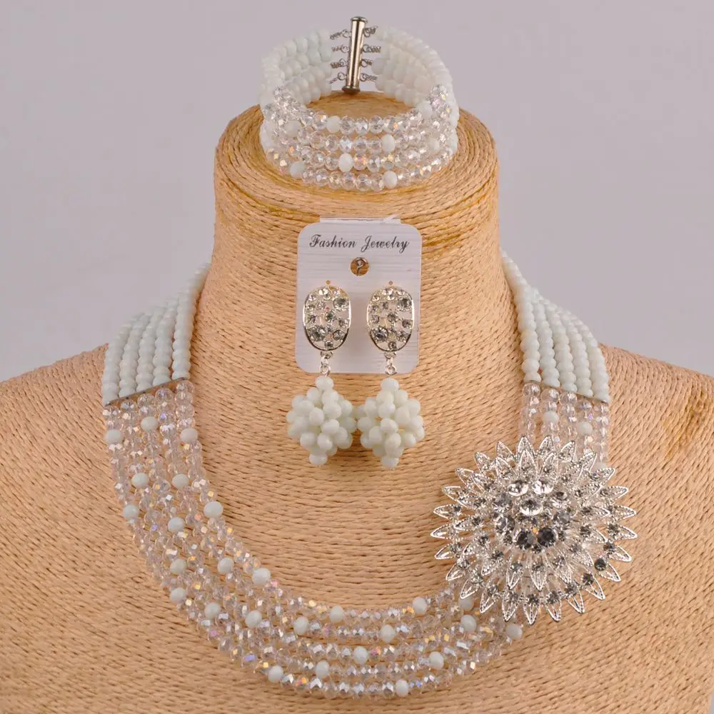 

pretty white and clear ab nigerian wedding african beads jewelry set crystal costume necklace 5SZ-015