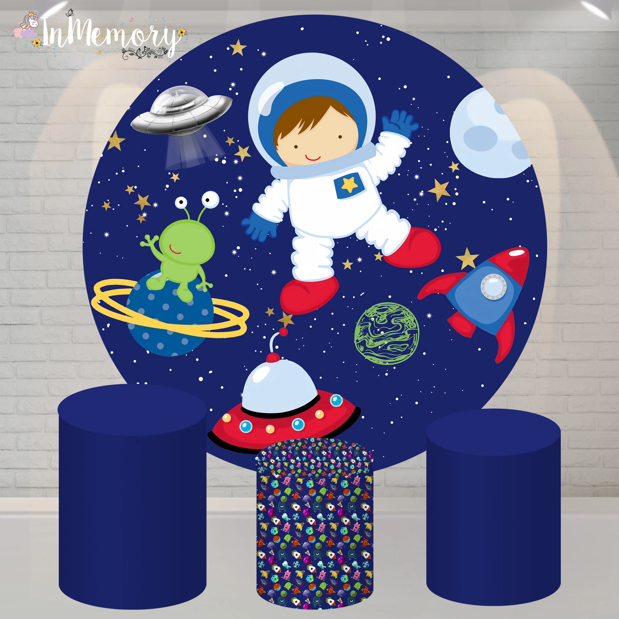 

Circle backdrop Baby shower Outer Space Planet Starry Sky Boy 1st Birthday Party Decor Round Background Cylinder Cover
