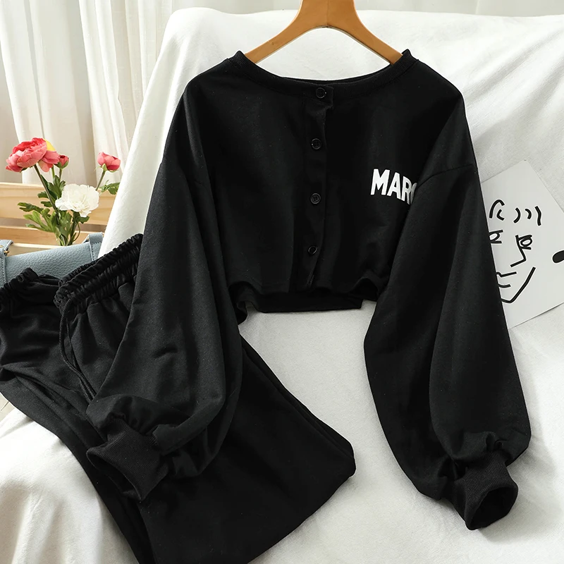 

Women + Solid Color Casual Sweatpants Two-piece Set 2021 Autumn Fashion Suit Letter Pattern Single Breasted Hoodies