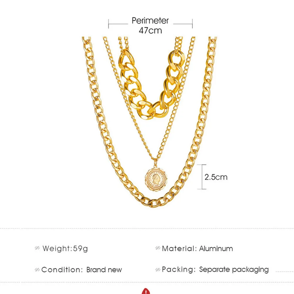 

New Necklace 2021 Punk Coins Pendant Necklaces for Women Metal Exaggerated Thick Chain Multi-layer Necklace Collares