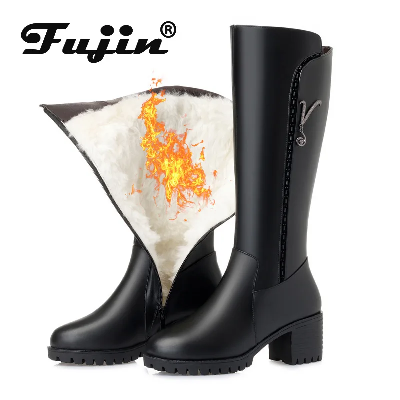 Fujin/шерстяные женские зимние сапоги Теплые до колена из натуральной кожи на меху