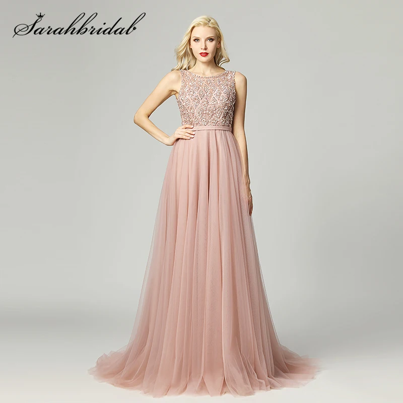 Элегантные вечерние платья 2021 Длинные бальные из тюля с круглым вырезом открытой