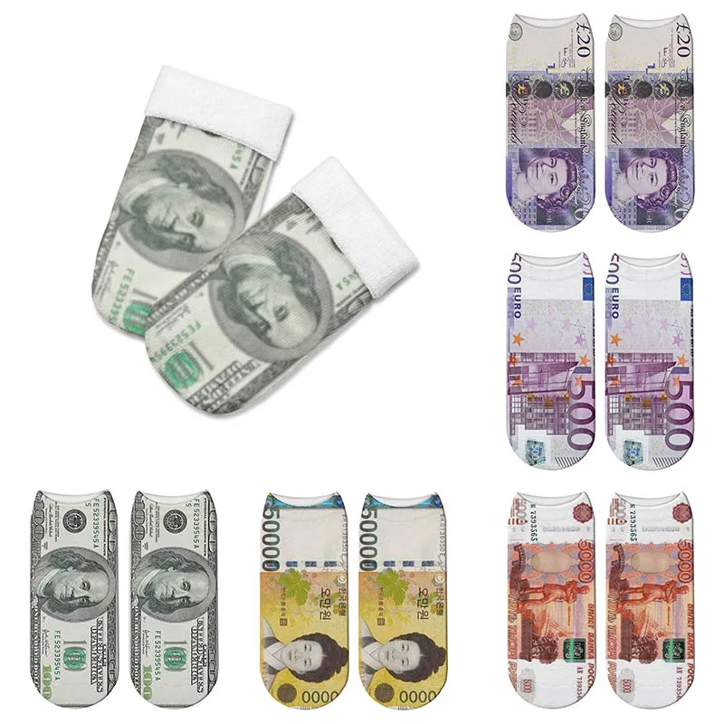 Women's Short Socks Dollar Banknote Style 3D Printed Breathable Compression Absorb for Female Standard thickness | Женская одежда