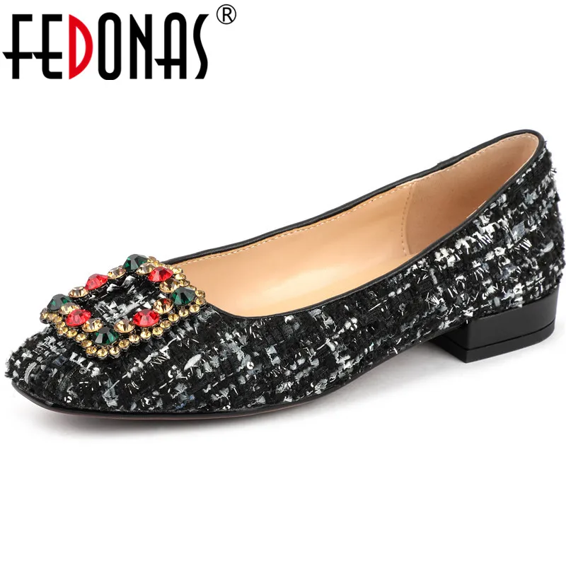 Женские лоферы со стразами FEDONAS элегантные туфли-лодочки на квадратном каблуке с