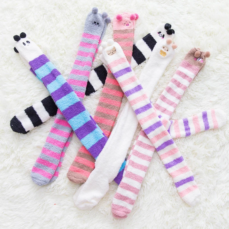 Милые женские носки выше колена с принтом животных в полоску зимние теплые