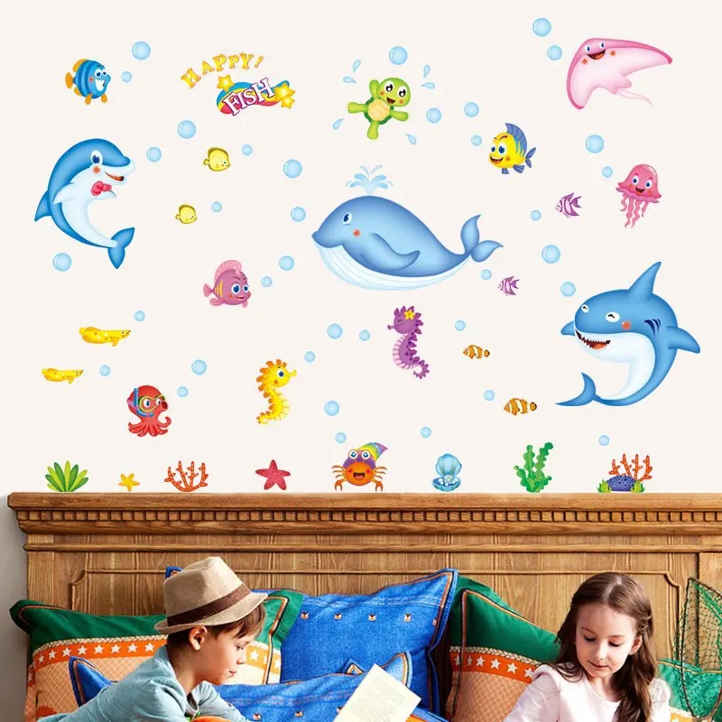 

Cartoon Underwater World Whale Wall Sticker Fish Wall Stickers For Kids Rooms Boys Room Animal Wall Decal House Funny Decor