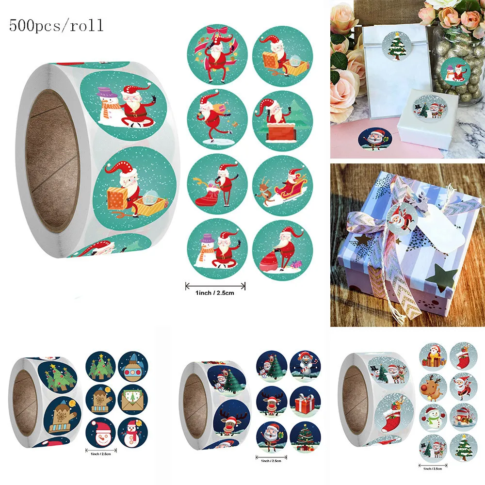 

500pcs/roll Merry Christmas Round Stickers Xmas Tree Elk Santa Claus Candy Bag Sealing Sticker Gifts Box Labels Envelope Decor