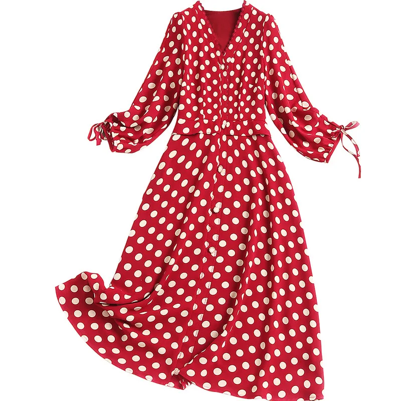 

Shuchan Red Birthday Dress for Women Dot A-Line Vintage Three Quarter Sleeve Long Dresses for Women Party Wedding