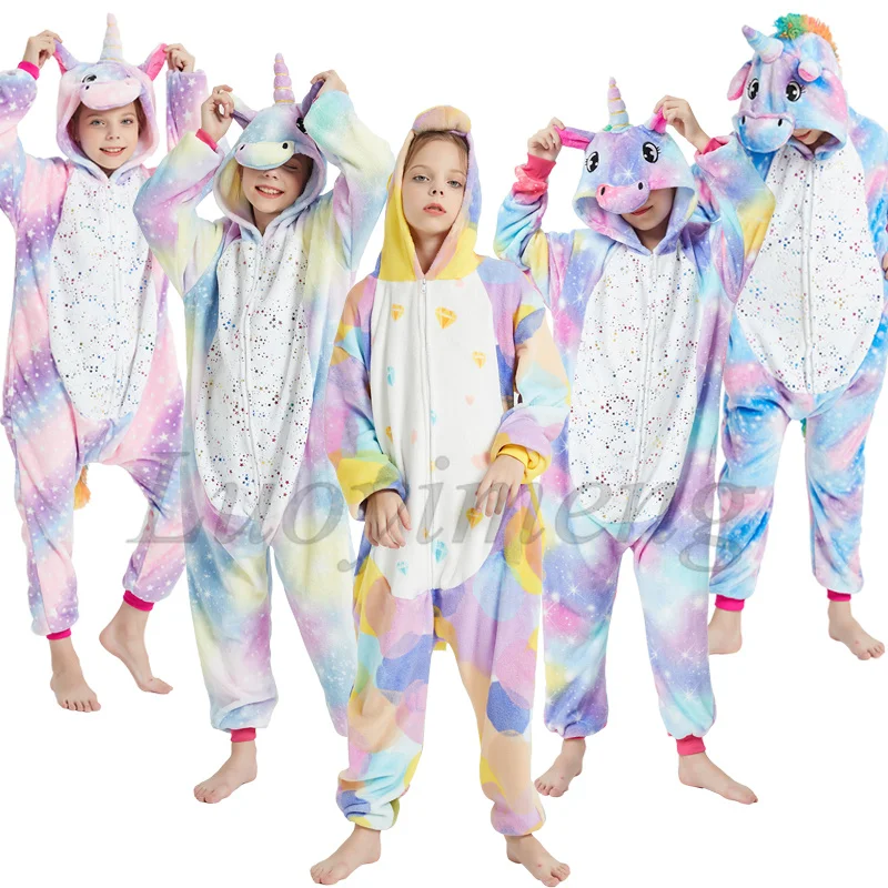 

Единорог пижамы для детей с принтами животных; Комплект пижамы для девочек Kigurumi Стич панда костюм для детей на зиму; Теплая одежда для сна дл...