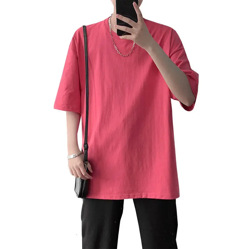 

Summer Cotton T-shirt Men Korean Fashion Loose Solid Color Casual T-shirt Men Harajuku Streetwear Five-point Sleeve T-shirt Men
