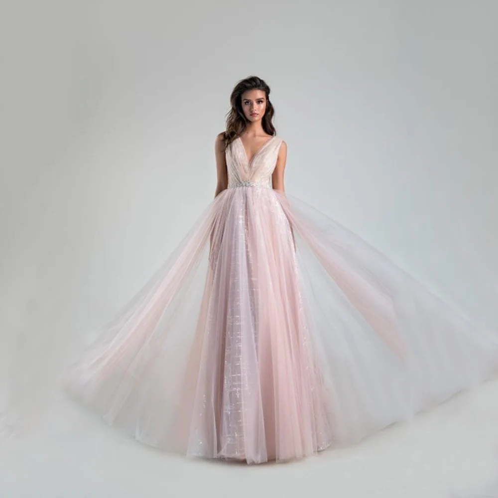 

Sweep Train Pink Bridal Dresses Elegant Vintage V Neck Flower Waist Vestido De Novia Tulle Cap Sleeve Wedding Gown