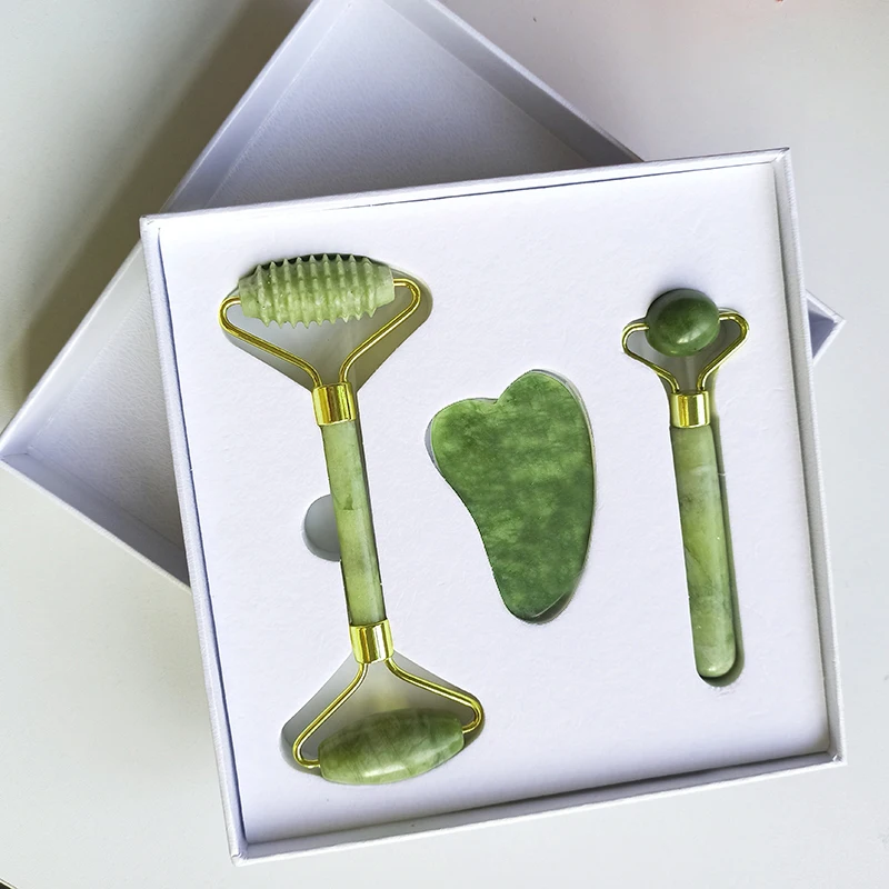 

New Natural Jade Roller Gua Sha Massage Ball Set with Box Massager for Face Facial Roller Beauty Skin Care Tools Face Massagers