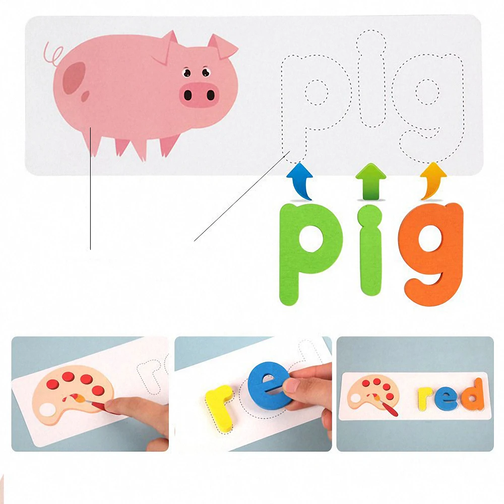 Juego de palabras de escritura Montessori para ni&ntilde;os, rompecabezas de alfabeto de madera, divertido rompecabezas cognitivo 3D, juguete educativo de aprendizaje-5