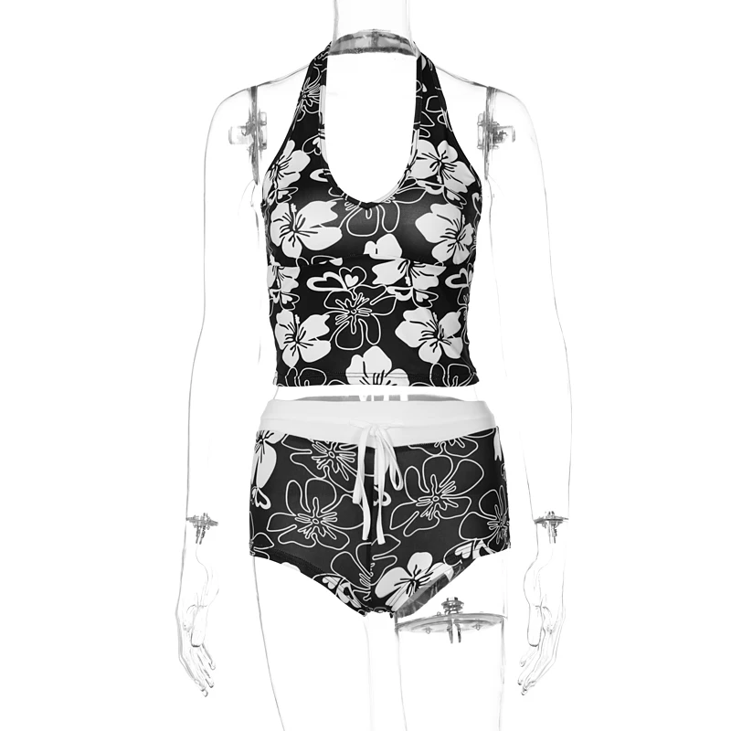 

Chicology Black White Floral Print Halter Sleeveless Women Sexy Girl Cool Two Pieces Sets Short Pants Crop Tank Top