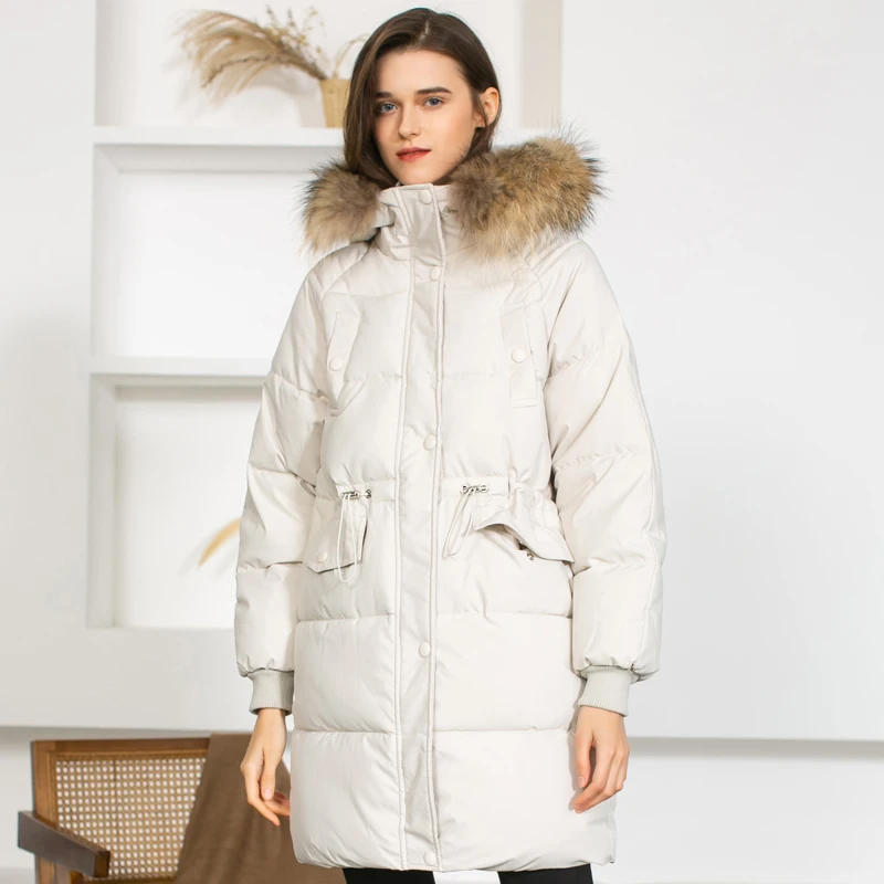 

Модные зимние пальто и куртки с воротником из натурального меха, женские длинные парки, Толстая Повседневная Свободная куртка-пуховик, паль...