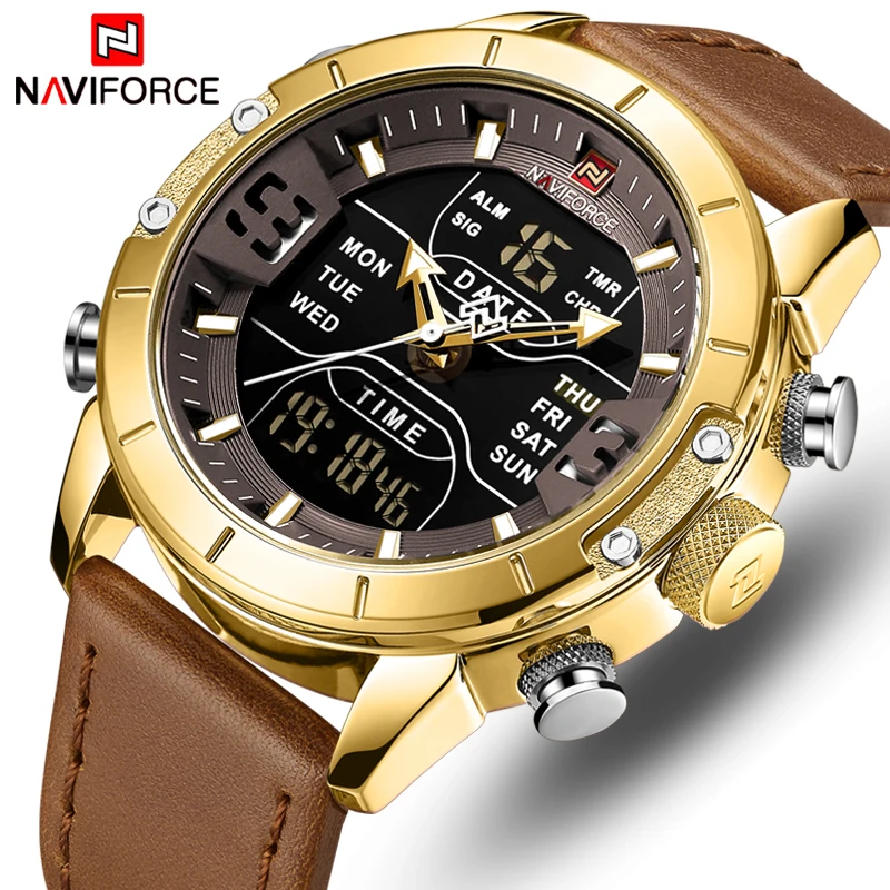NAVIFORCE часы мужские модные золотые кварцевые наручные кожаные водонепроницаемые