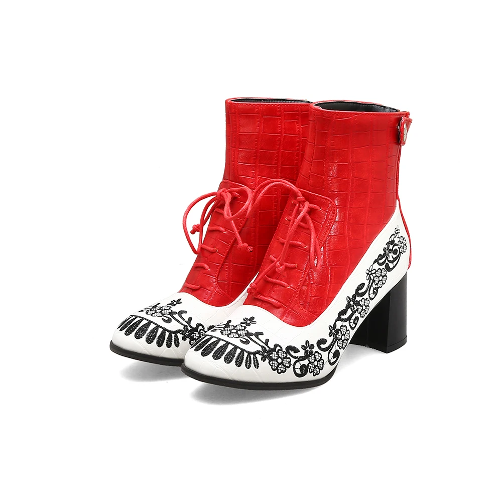 Retro Printed Booties Leather Women Ankle Boots Embroidery High Heels Casual Woman Shoe Zipper Vintage Female Footwear Boot 37