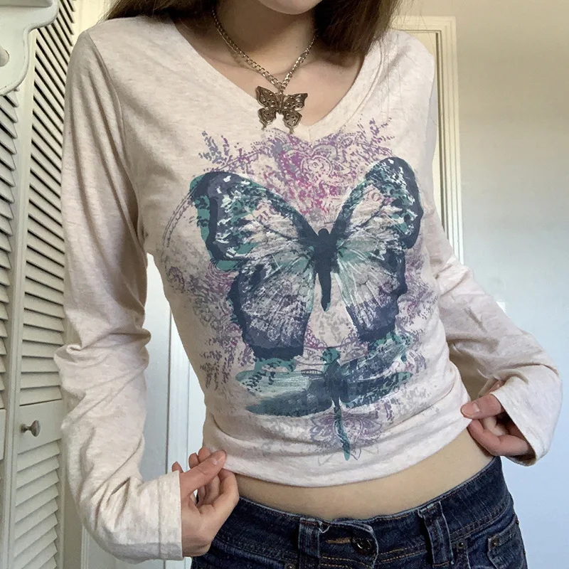 

Butterfly print T-shirt women 2021 spring and autumn new basic casual V-neck T-shirt long-sleeved bottoming top