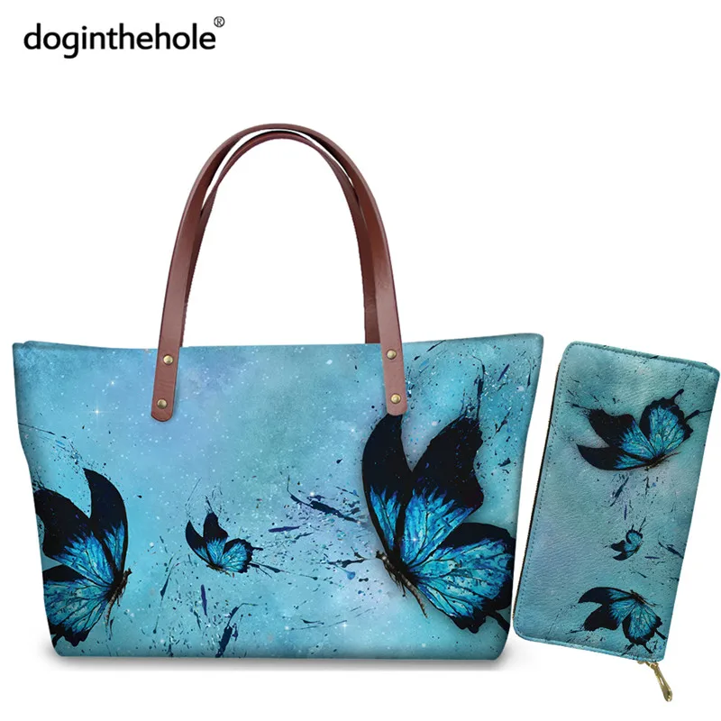 

Doginthehole 2pcs Blue Butterfly Luxury Wallets And Handbags For Women Graffiti Style Fashion Casual Large Tote Bags Sac A Main