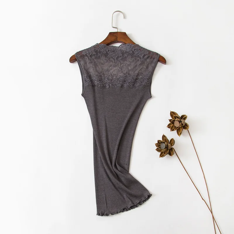 100% Шелковая трикотажная Женская кружевная майка без рукавов с воротником