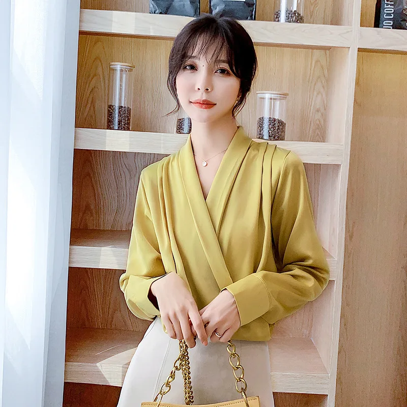 

Bright Satin Real Silk Chiffon Shirt Women Shawl Collar Designer Blouse Soft Relaxed Luxury Wrap Camisa Stylish Trendy Feminine