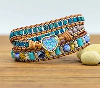 luxury leather wrap bracelets bling blue heart opal jaspers 3 strands statement bracelet handmade bohemian jewellery