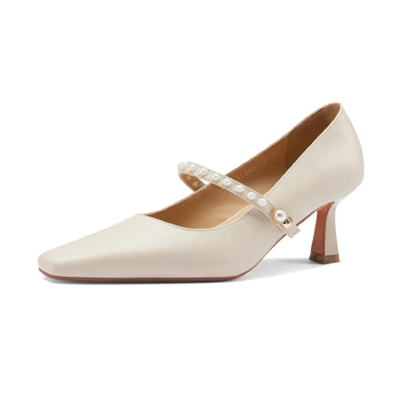 

Genuine Leather Shoes Women Pumps Square Toe Pearl Buckle Mary Jane Party Single Shoes Women High Heels Shllow Shoes
