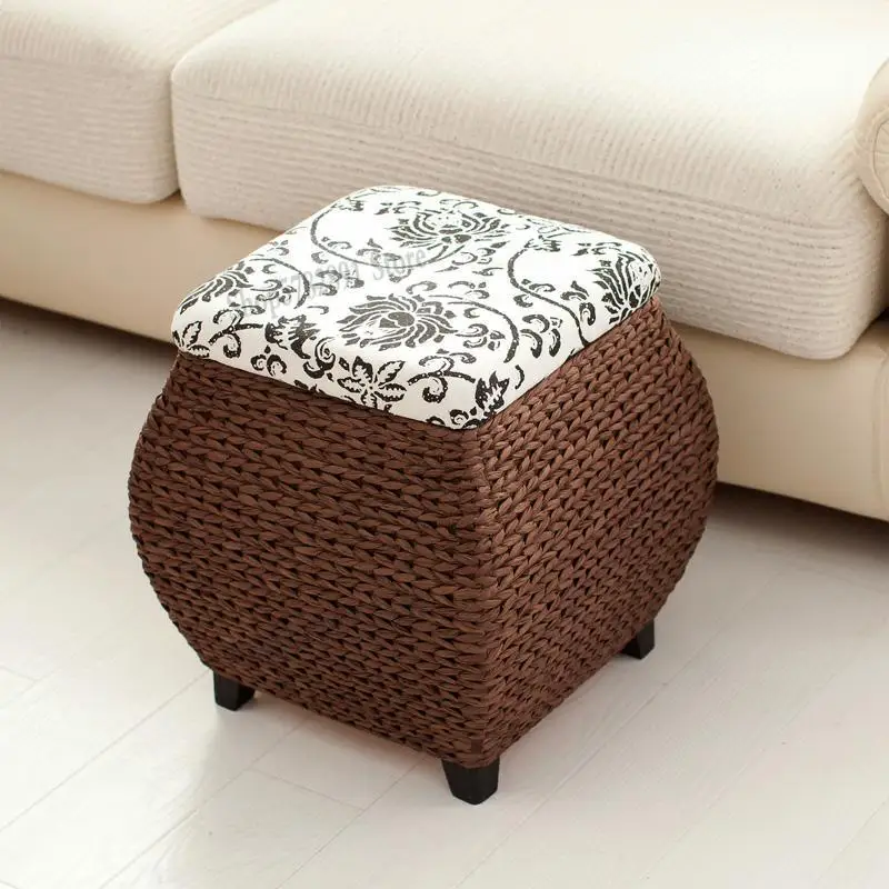 Solid Wood Straw Woven Storage Stool Rattan Shoe Bench Can Sit Adult Box Multifunctional Sofa |
