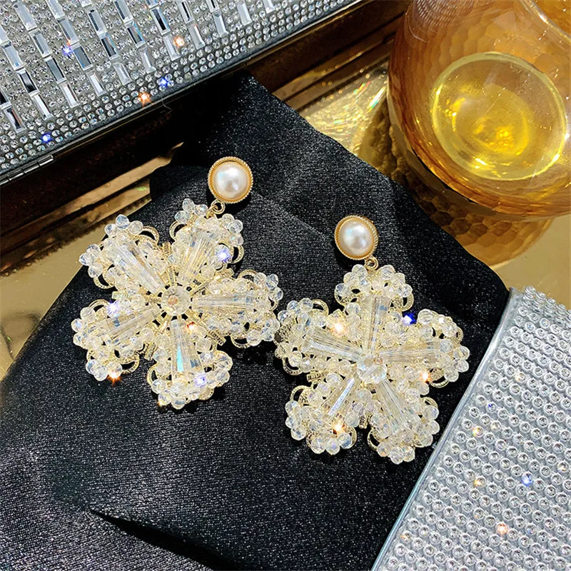 FYUAN, винтажные жемчужные Висячие серьги для женщин, Bijoux, роскошные хрустальные серьги-подвески в форме цветка, массивные вечерние ювелирные изделия