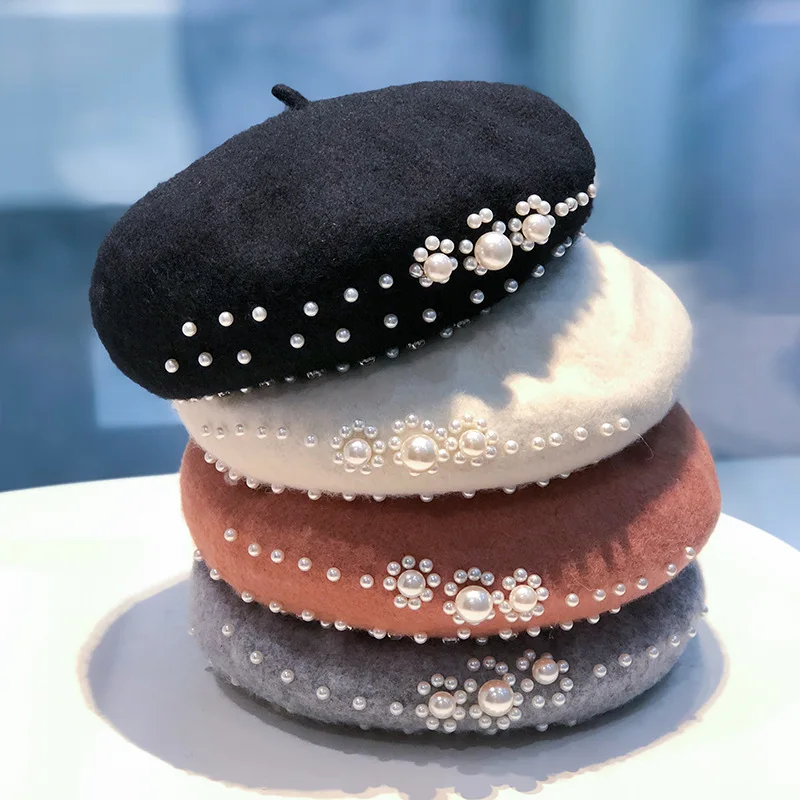 

New Autumn Winter Women's Cap Wool Berets Hat Elegant Pearl Vintage Beret Female Warm Temperament Painter Cap Party Hat