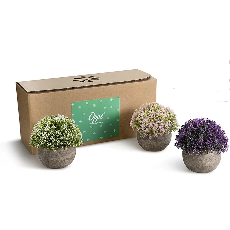 

Mini Artificial Plants Plastic Fake Green Colorful Flower Topiary Shrubs with Gray Pot for Home DEcor Set of 3