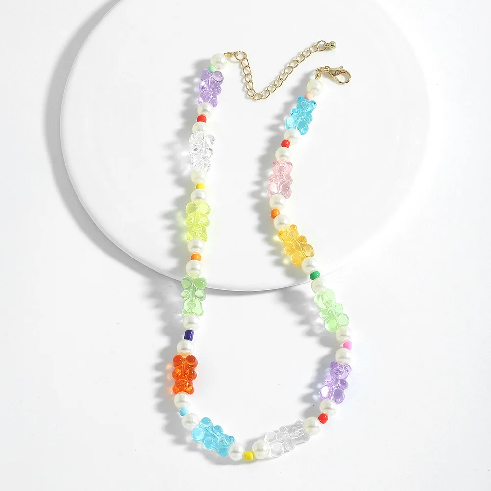 

2021 New Rainbow Color Cute Jelly Bear Gummy Necklaces for Women Girls Cool Punk Hip Hop Resin Necklaces Accessories