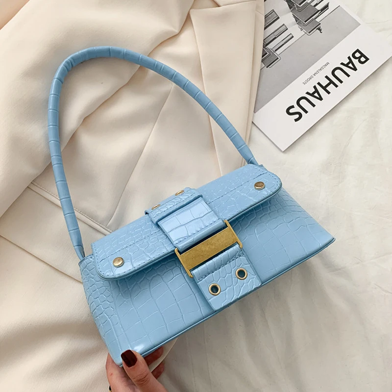 

New Design Flap Women Armpit Bags Solid Color Buckle Women Underarm Shoulder Bags Crocodile Pattern PU Leather Female Square