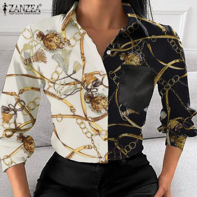 

Vocation Patchwork Tunic Tops 2022 Scarf Printed Satin Shirt Women Elegant Long Sleeve Lapel Shirt ZANZEA Vintage Button Chemise