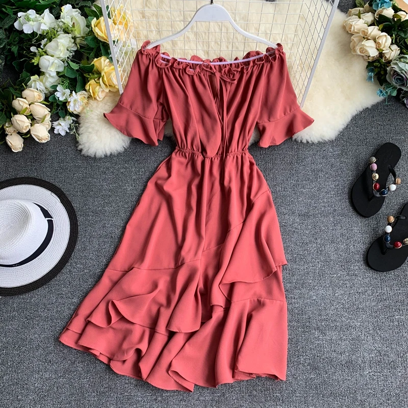 

Women Summer Fashion Casual Short Sleeve Slash Neck A Line Chiffon A Line Long Solid Empire Waist Beach Dress