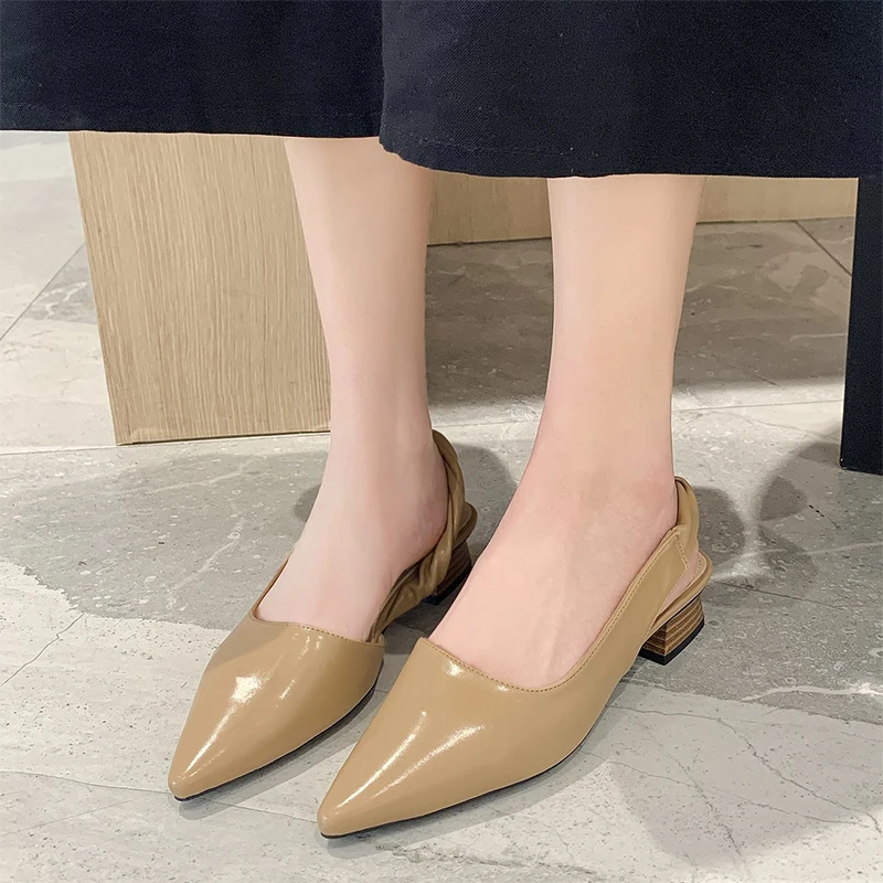 

2021 Summer Women Sandals Mid Heel Shoes Fashion Ladies Elegant Party Shoes Pointed Toe Mules Women White Brown Leather Sandals