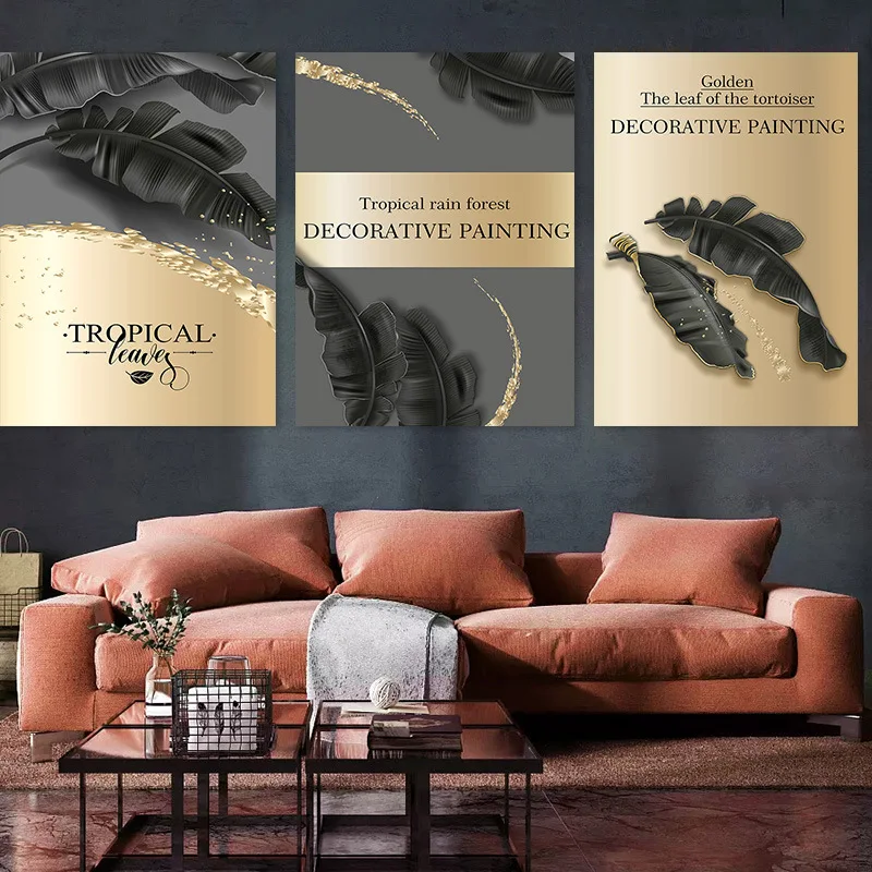 

Nordic modern black gold leaf plant decoration painting core canvas painting apartment hotel with painting frameless art