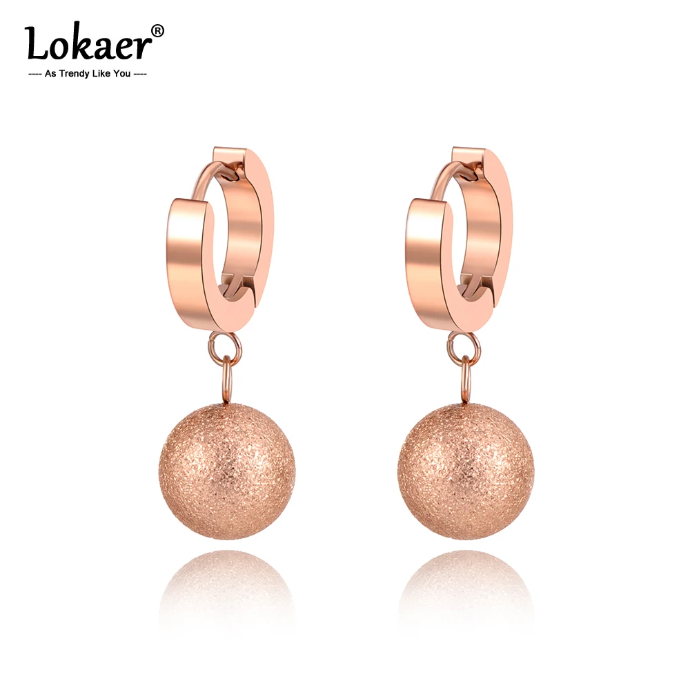 Женские серьги кольца с матовым шариком Lokaer из нержавеющей стали цвета розового