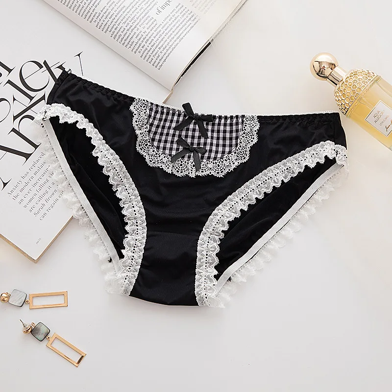 

2021 New Japanese Anime Two-dimensional Girl Panties Lattice Ice Silk Mid-waist Panties Ladies Briefs with Lace Edges