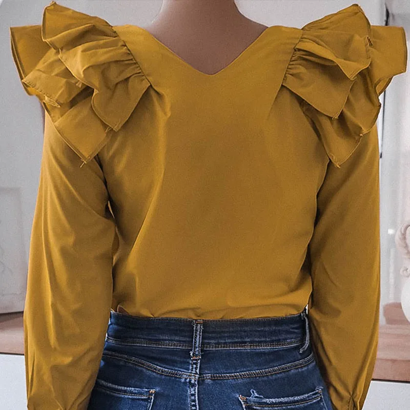 

Summer Ruffles Patchwork Straight Women Shirts Long Sleeve V-Neck Single Breasted Solid Female Shirt Fashion Casual Ladies Tops