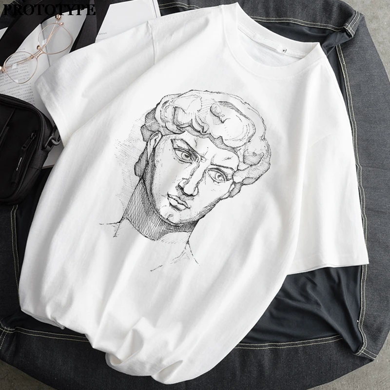 

2021 New Harajuku Funny Black and White Drawing David Print Short Sleeve T-Shirt Large Size Loose k Casual