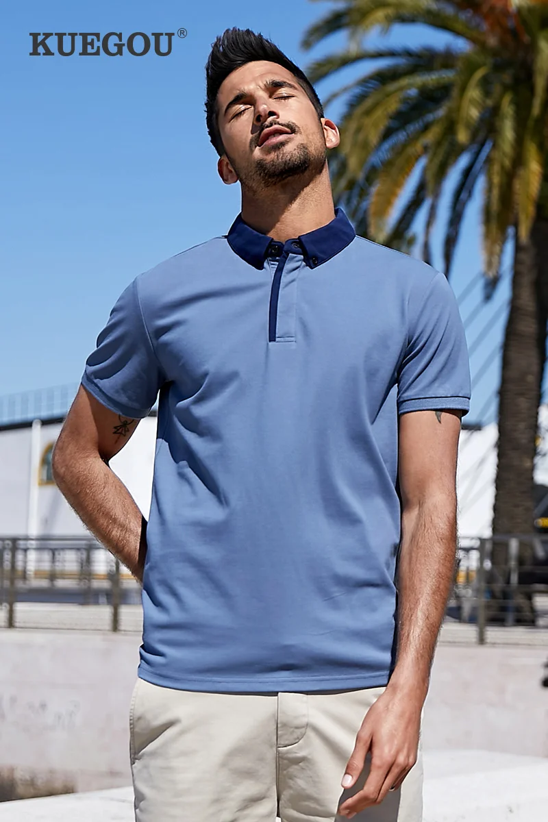 

KUEGOU Men's polo shirts short sleeves Blue fashion Personality lapel poloshirts summer men slim top plus size ZT-3382