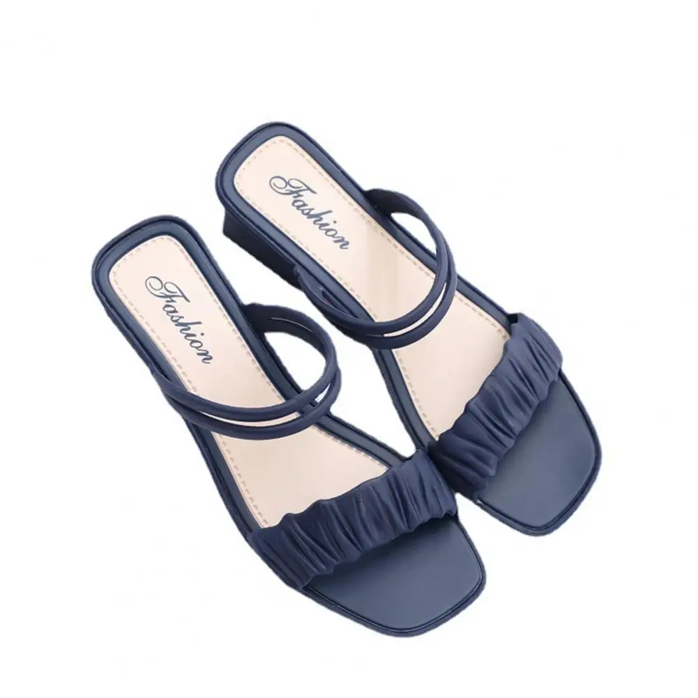 

Women Sandals Thick Heel Candy Color Summer Pleated Upper Square Head Slippers for Beach Pleated Upper Square Head Slippers