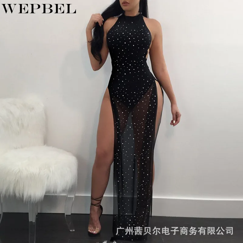 

WEPBEL Для женщин платье с открытыми плечами, сексуальное сетчатые вечерние женское вечернее платье без рукавов с лямкой на шее повязки Раздел...