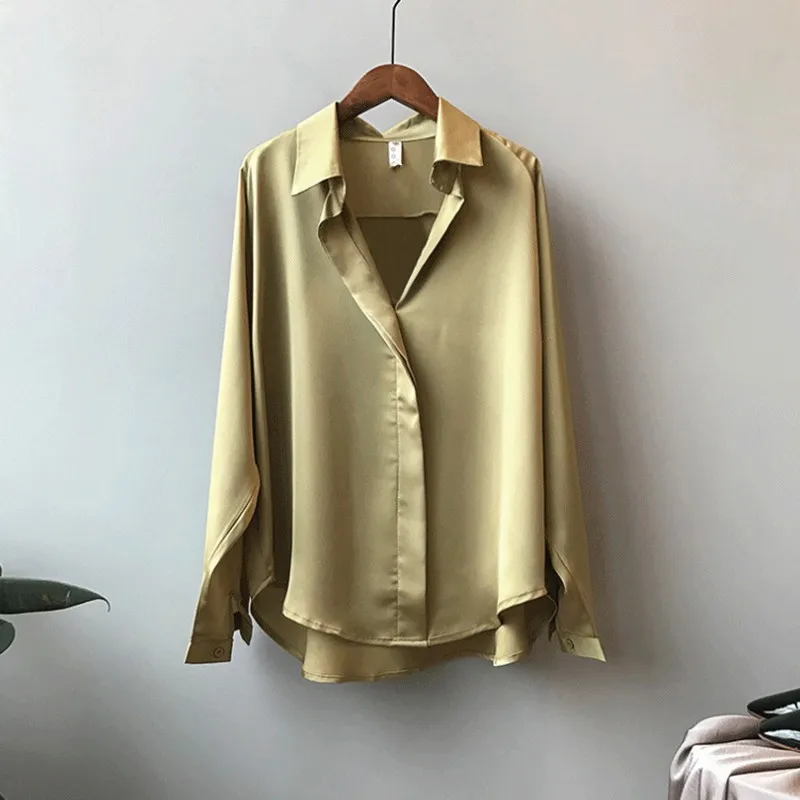 

Women Shirt Sexy V-neck Solid Color Loose Korean Style Long Sleeve Blouse Vintage Chic Champagne Color Tops2021