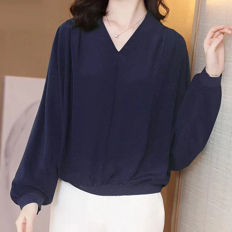 MIUXIMAO 2022 New Spring Women's Clothing V-Neck Long Sleeve Soild Blouse Fashion Elegant Office Style