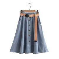 spring autumn blue denim skirts women simple urban casual girl ruffle elasticity waist jeans skirt 2012531