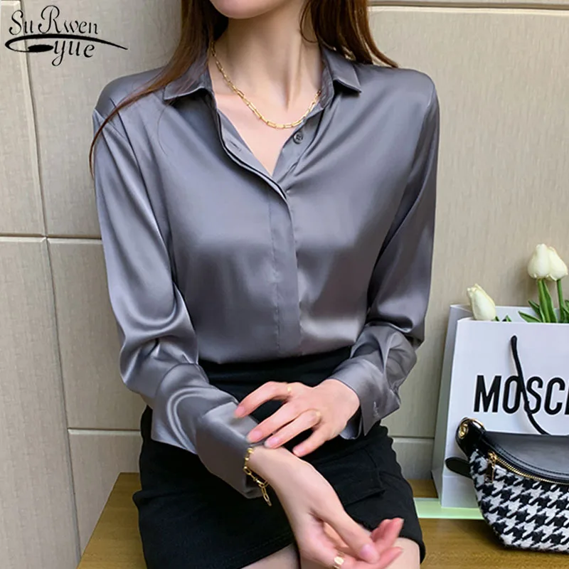 

Spring Long Sleeve White Blouse Casual Chiffon Blouse Chic Turn-down Collar Office Lady Satin Shirt Women Loose Solid Tops 12803