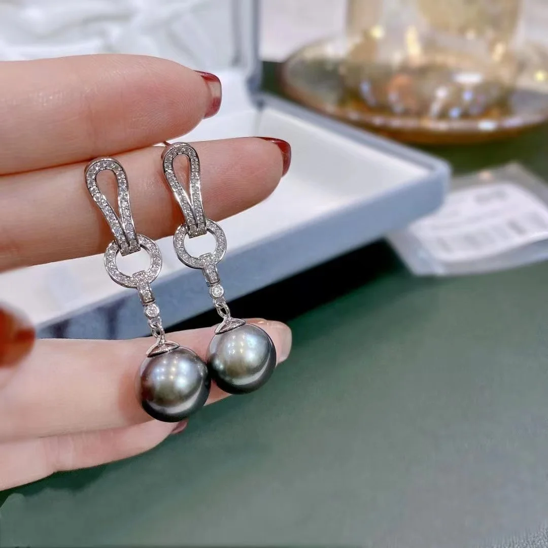 

HENGSHENG Real 925 Sterling Silver Drop Earrings 11-12mm Round Black Seawater Tahitain Pearl Less Flaw Fine Jewelry For Female