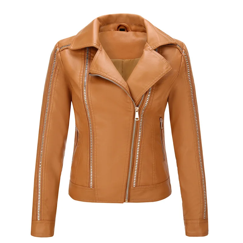 

2019 New autumn fashion rivet zipper faux leather jacket women slim locomotive jacket Europe and America